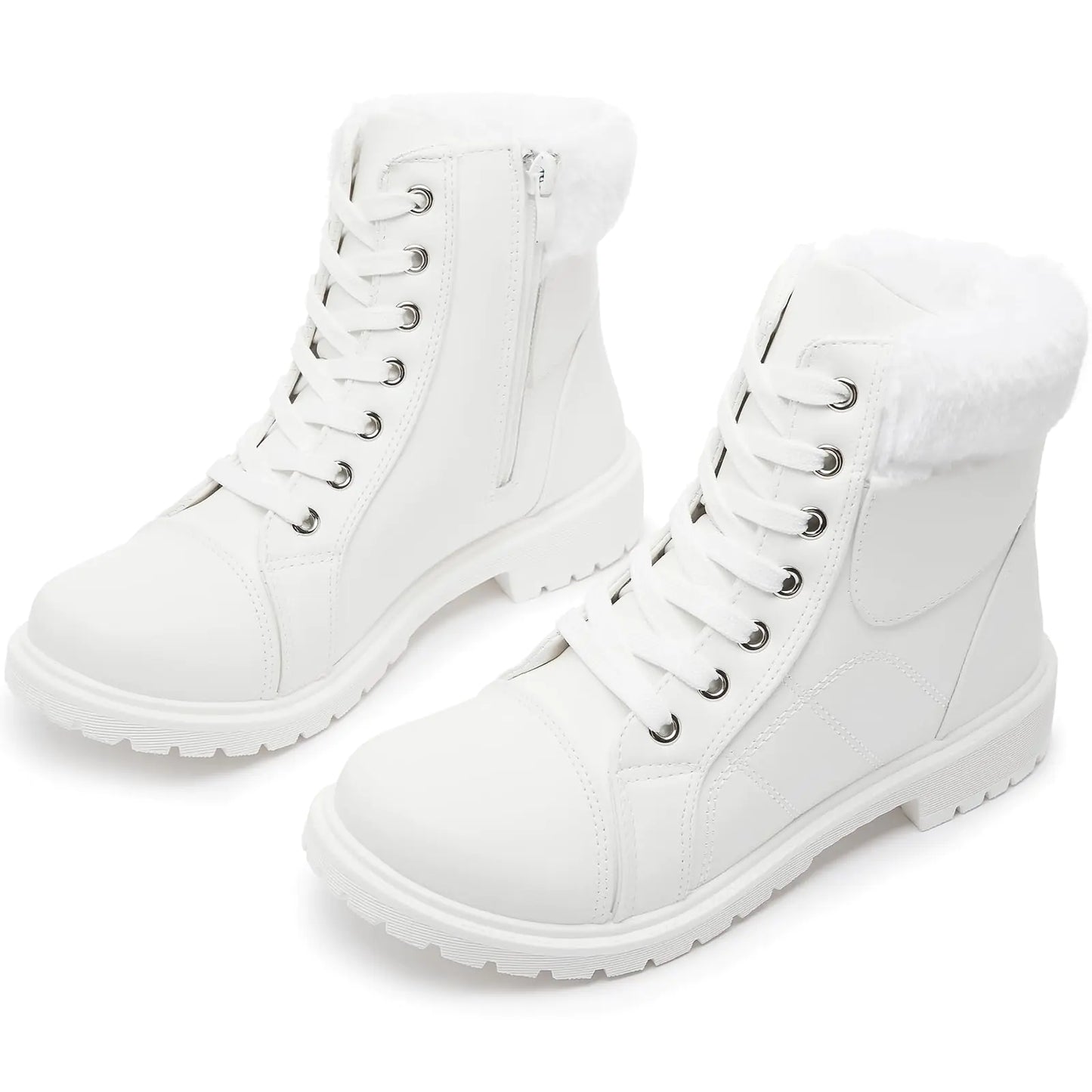 Shupua Winter Ankle Boots For Women Black Combat Boots Lace Up White Ankle Boots Womens Winter Boots Low Heel(White.us8)