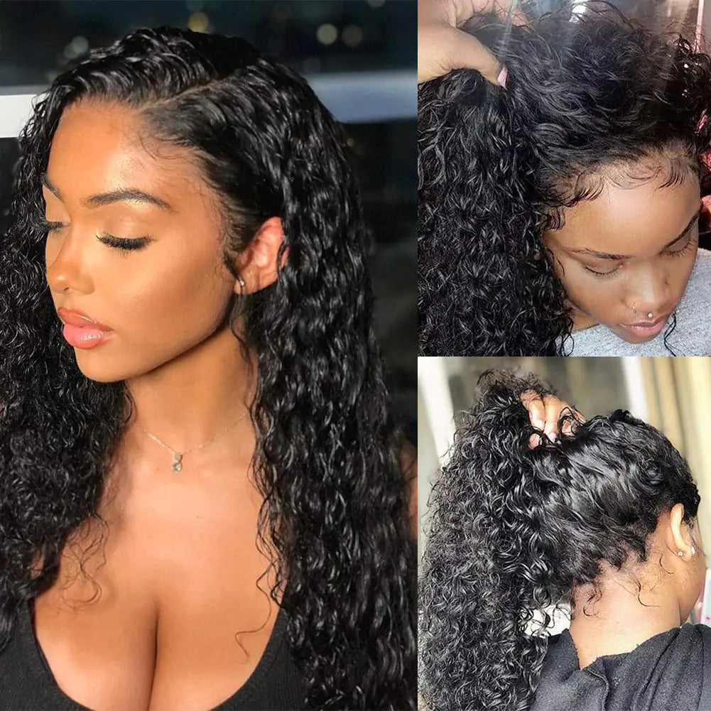 Pizazz Deep Wave Lace Front Wigs Human Hair Pre Plucked180 Density 13x4 HD Lace Frontal Human Hair Wigs with Baby Hair (16 Inch Black color)