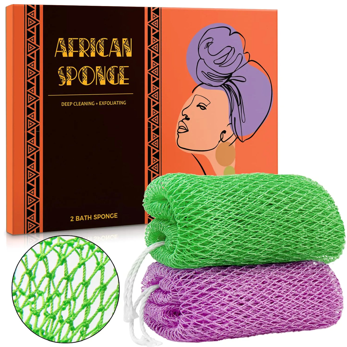 African Net Sponge Authentic - 2 Pieces Real African Exfoliating Sponge with Knots - African Net Washcloths for Body Scrubber Exfoliator - Back Scrub for Shower