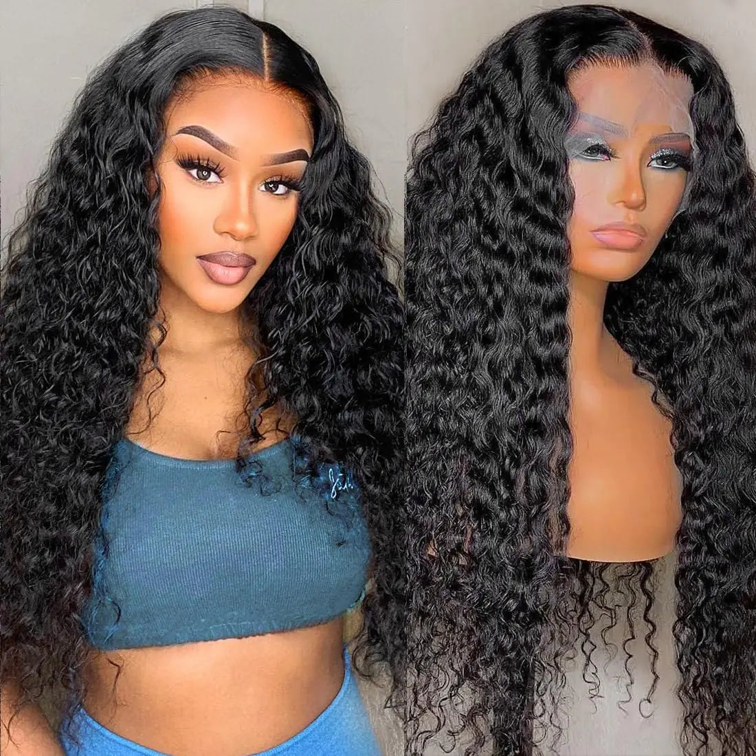 Sweetie 24 Inch Deep Wave Lace Front Wigs Human Hair 210% Density 13x4 HD Transparent Lace Frontal Wigs Deep Curly Human Hair Wig for Women 12A Deep Curly Wigs Human Hair Pre Plucked with Baby Hair
