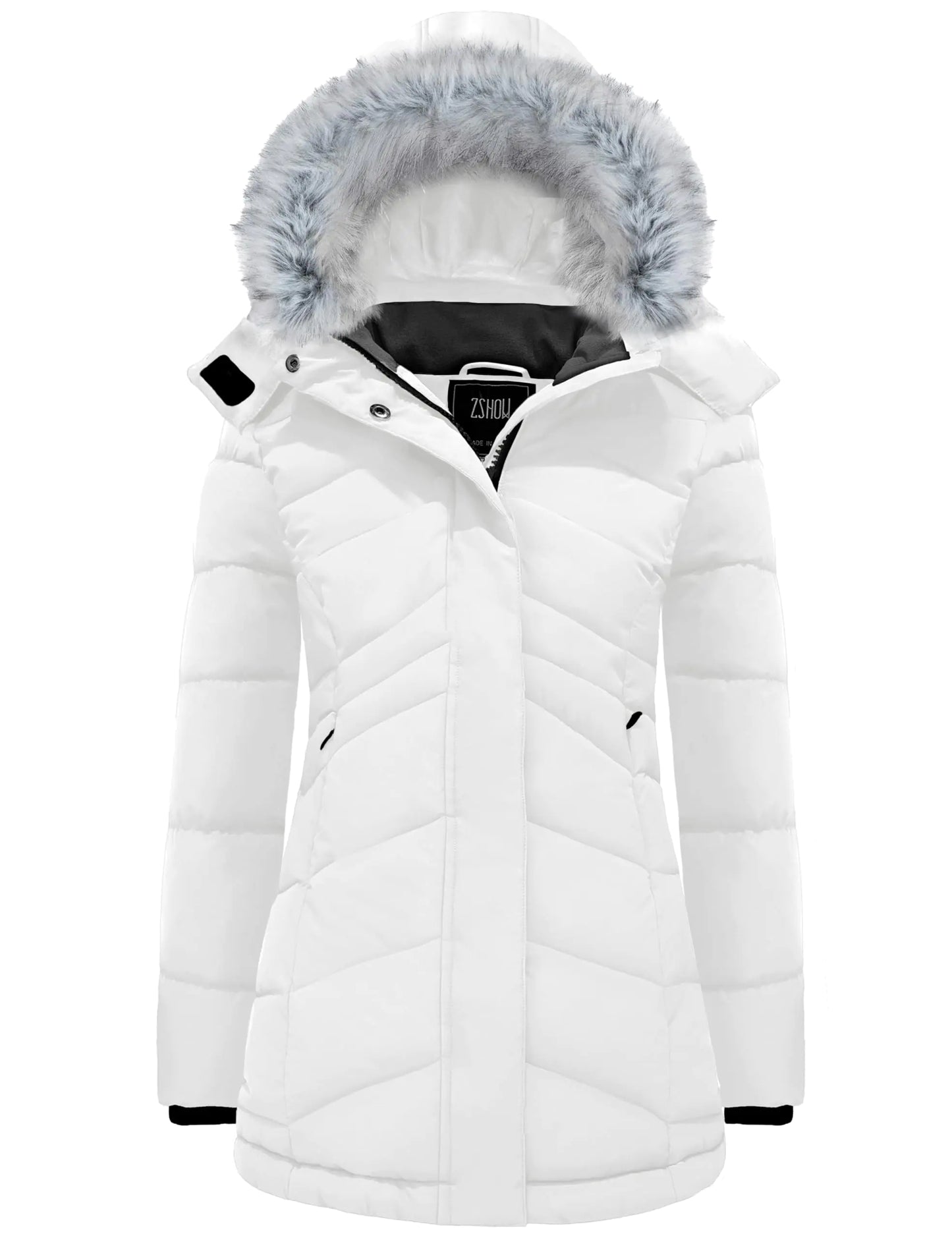 ZSHOW Womens Hooded Winter Coat Warm Windproof Puffer Jacket Mid-Length Parka(WhiteXX-Large)