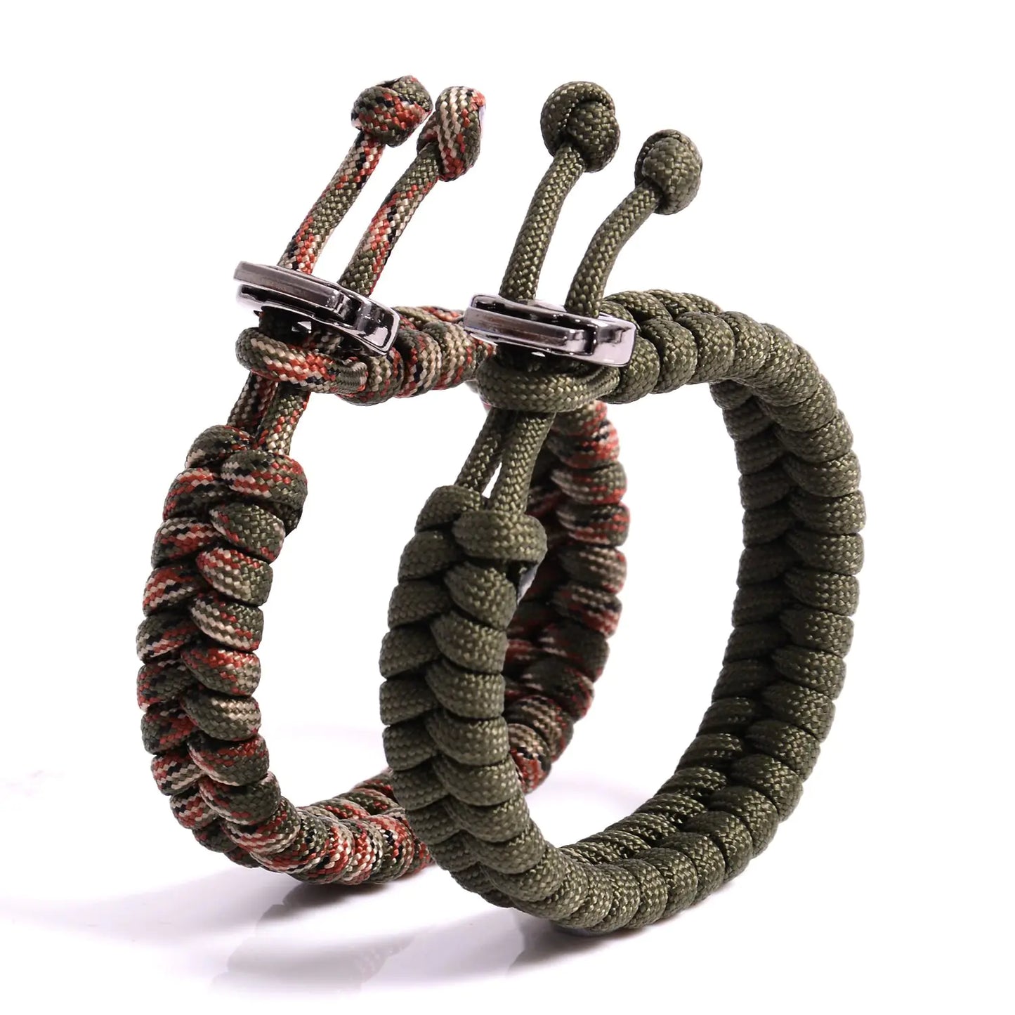 The Friendly Swede Set of 2 Fish Tail Paracord Bracelets with Metal Clasp Survival Bracelets Paracord Bracelets Rope Bracelets - Adjustable Size - Army Green + Army Green Camo - Fits 7"-8.5" Wrists