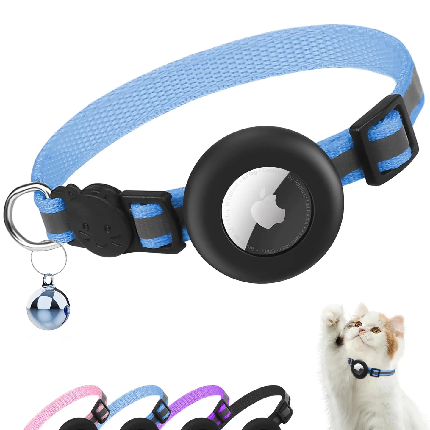 Breakaway Airtag Cat Collar Reflective Kitten Collar with Apple Air Tag Holder and Bell for Boy Girl Cats 0.4 Inches in Width and Lightweight (Blue)
