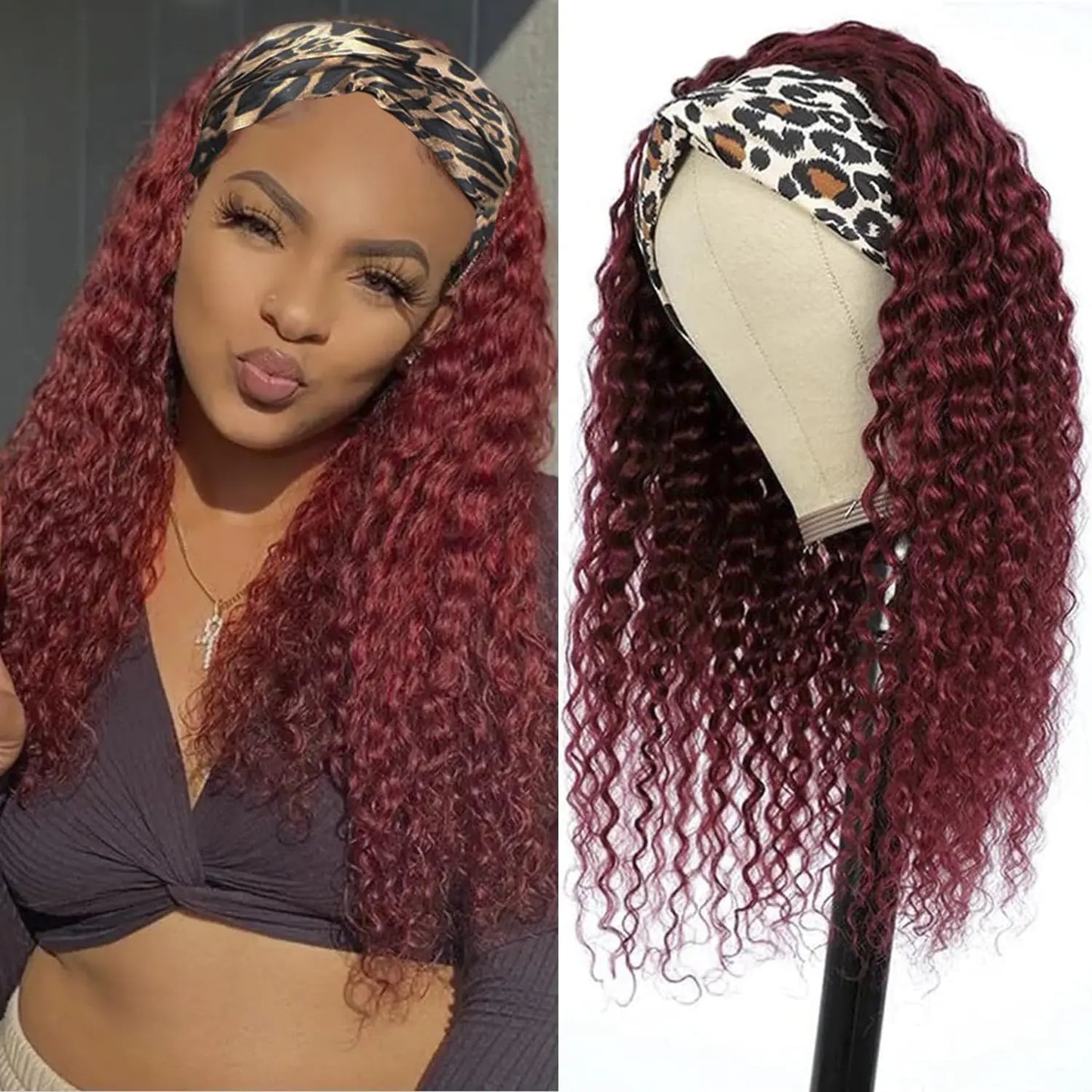 Bellarayine Headband Wig Human Hair Deep Wave Human Hair Headband Wig Glueless Curly Hair Human Hair Wigs None Lace Front Wigs Human Hair for Black Women Human Hair (8inch99J)