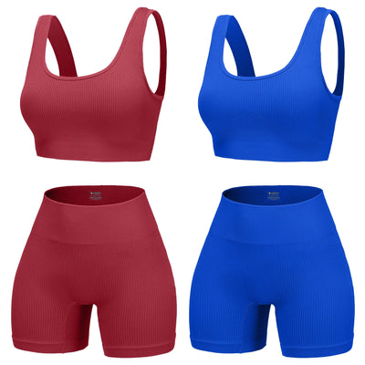 YWBIN 4 Piece Workout Sets for Women Seamless Ribbed High Waist Yoga shorts with Sports Bra Outfits