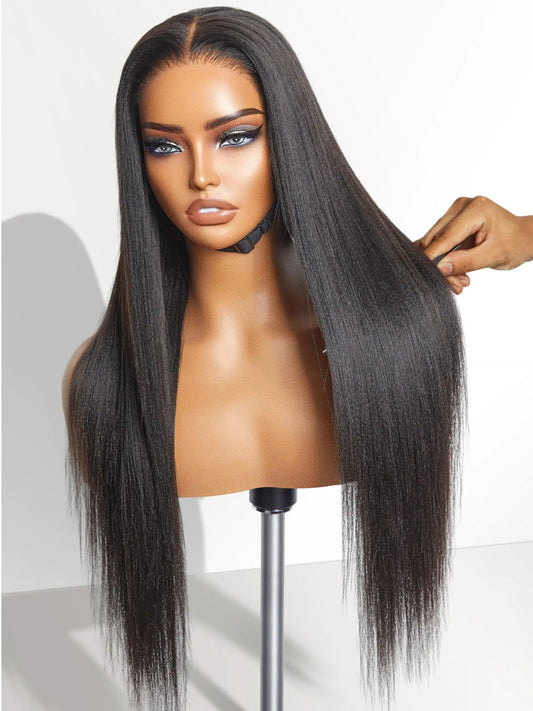 LUVME HAIR 24 Inch Yaki Straight Human Hair Wigs Pre Cut 5x5 Glueless HD Lace Closure Wig Pre Plucked Natural Black