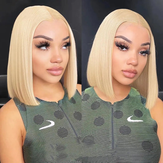 Maytune 613 Blonde Bob Wig Human Hair 13X4 Lace Front Wigs Human Hair Pre Plucked Blonde HD Lace Frontal Wig Glueless Straight Short Bob Wigs For Black Women 14 Inch