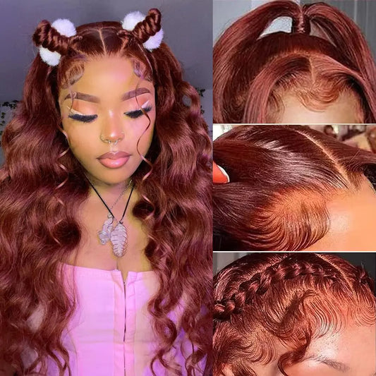 Loyom Reddish Brown 30 Inch Lace Front Wigs Human Hair Pre Plucked 13x4 Reddish Brown Body Wave Frontal Wigs Human Hair 200 Density Auburn Colored Human Hair Lace Front Wigs