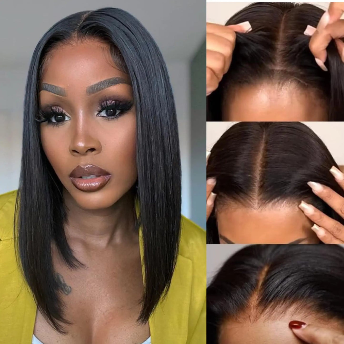 Straight Bob Wig Human Hair Glueless Wear and Go Pre Plucked Pre Cut Bob lace front Wigs for Women 5x5 Hd Lace Closure Bob Wig with Baby Hair Brazilian Virgin Hair 180% Density Natural Black 16 Inch