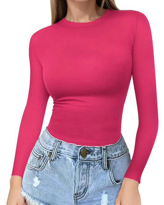 MANGOPOP Crew Neck Long Sleeve T Shirt Women Fitted Shirts Tight Neck T Shirts Basic Tee Tops(LargeRose Pink)