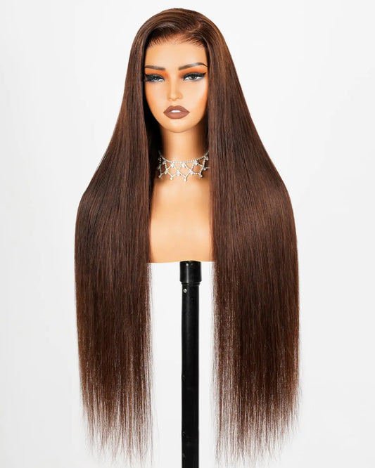 Arabella 5x6 Glueless Wigs Human Hair Pre Plucked Pre Cut Lace 220% Density 4# Brown Straight Lace Front Wig Human Hair 12A Real Pre Bleached Knots Wear and Go Glueless Wig (22inch 5X6 Straight Wig)