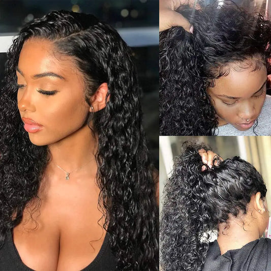 Pizazz Deep Wave Lace Front Wigs Human Hair Pre Plucked180 Density 13x4 HD Lace Frontal Human Hair Wigs with Baby Hair (16 Inch Black color)