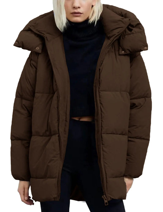 Kissonic Womens Warm Winter Coat Hooded Puffer Jacket Full Zip Long Puffer Coat with Pockets(Coffee-M)