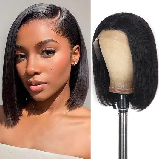 KULYMUWIG Human Hair Wig 13x4 HD Lace Front Straight Bob Wigs for Black Women Glueless Bob Wigs Human Hair Pre Plucked Pre Cut 12A Frontal Bob Wigs Human Hair 10 Inch 180% Density Natural Black