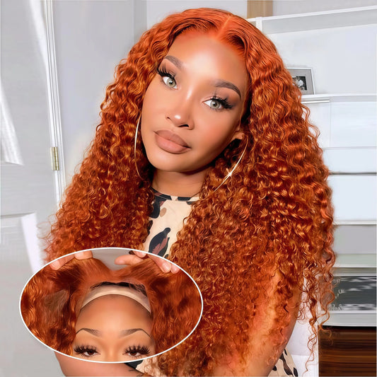 JonLiarge Ginger Orange Deep Wave Lace Front Wigs Human Hair Glueless Wear and Go Ginger Wig Human Hair for Women Glueless Wigs 180% Density Curly Human Hair Wig 18 Inch
