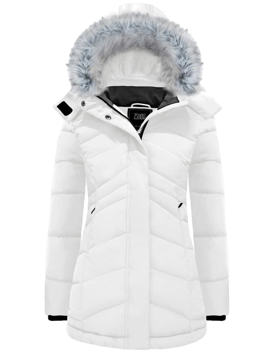ZSHOW Womens Hooded Winter Coat Warm Windproof Puffer Jacket Mid-Length Parka(WhiteXX-Large)