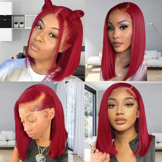 HD Transparent Pre Plucked 13X4 Straight Red Burgundy Bob Wig Human Hair Lace Front Wigs With Baby Hair Wear and Go Glueless Wigs Human Hair Pre Cut Bob Lace Frontal Blunt Cut Bob Wigs For Black Women