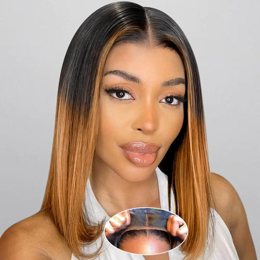 Amuopz Bob Wig Human Hair 1B/30 Light Brown Wig 5x5 Closure Wigs Human Hair Glueless Wigs Human Hair Pre Plucked Pre Cut Ombre Ready to Wear Wigs Glueless Human Hair 200% Density 14"