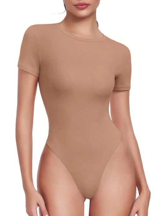 HeyNuts Womens Ultra Soft Short Sleeve Crew Neck T-Shirts Bodysuit High Cut Thong Double Lined Sexy Tummy Control Tank Tops Bodysuit Leotard Clothing Wheat M(8/10)