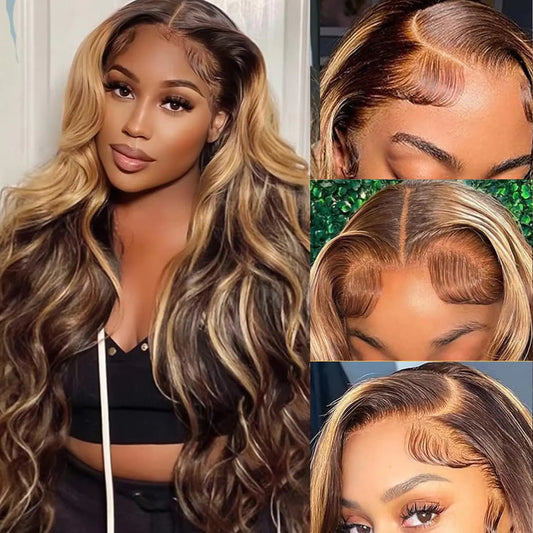 Honey Blonde Lace Front Wig Human Hair 13x6 HD Body Wave Highlight Ombre Lace Frontal Wigs Human Hair Pre Plucked With Baby Hair 180% Density Body Wave 4/27 Glueless Human Hair Wigs For Women 30inch