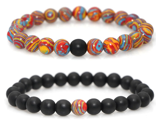 Wovanoo 2 Pieces Beads Bracelets for Women Natural Stone Bracelet Natural Gemstones Round Beads Adjustable Stretch Beaded Bracelets Red Black