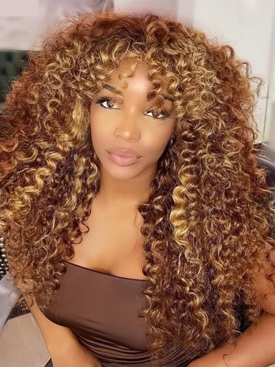 Doiwile Highlight Curly Wig with Bangs Human Hair 4x4 HD Highlight Lace Glueless Wigs Human Hair Cury Wave Human Hair Wigs with Bangs for Black Women 22inch