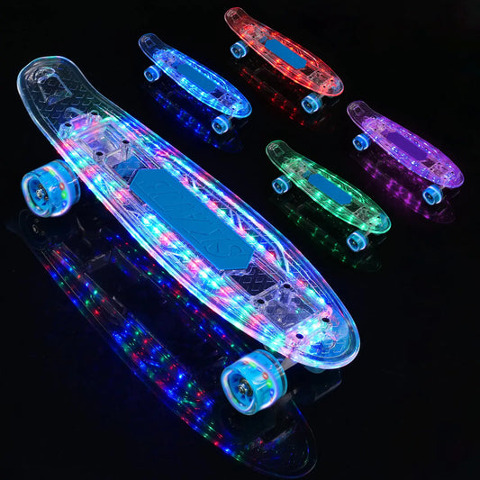 22 Inch Skateboard with Led Light Up Wheels for Beginners Flash Transparent Skateboard Complete Mini Cruiser Retro Skateboard for Kid Durable Clear Led Skateboard with Light Up Pu Wheels(Blk)