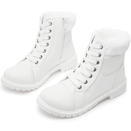 Shupua Winter Ankle Boots For Women Black Combat Boots Lace Up White Ankle Boots Womens Winter Boots Low Heel(White.us8)