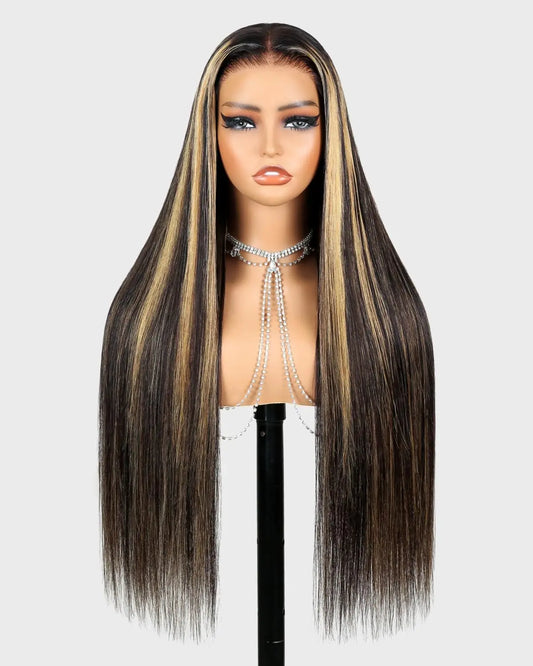 Megalook hair 6x5 Glueless Wigs Human Hair Pre Plucked Pre Cut Balayage Wig Human Hair 220% Density Lace Closure Wig Highlight Straight Wig Human Hair FB27# Bleached Knots 28 Inch