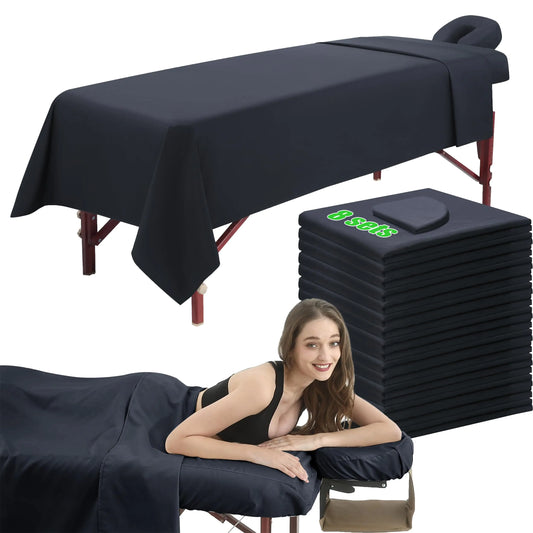 3 Piece Massage Table Sheets Set 8 Sets Microfiber Massage Bed Cover Soft Waterproof and Oil Proof Reusable for SPA Beauty Tattoos Includes Table CoverFitted Sheet and Face Rest Cover (Black)