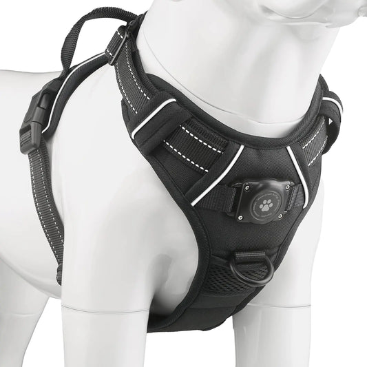 AirTag Dog Harness Integrated Dog Vest with 100% Waterproof Air Tag Holder No-Pull No-Choke Reflective Dog Vest Harness with Apple Air Tag Case for Small Medium Large Dogs (Black XL)
