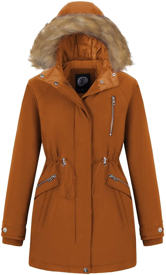 FASRYKOC Womens Faux Fur Hooded Winter Parka Coat Cozy Windproof Puffer Jacket with Removable Faux Fur HoodHip Length Winter Coat Vibrant orange XX-Large