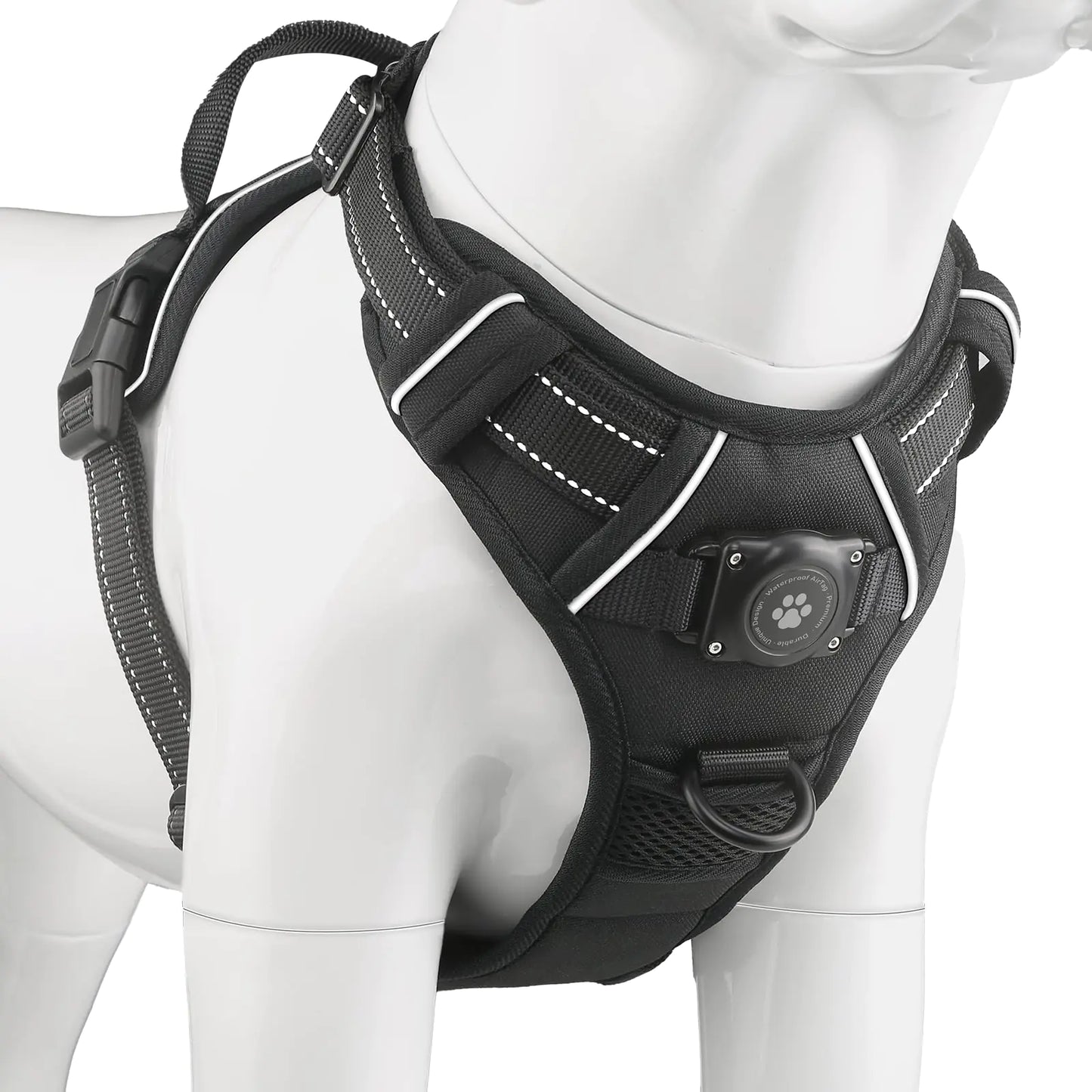 AirTag Dog Harness Integrated Dog Vest with 100% Waterproof Air Tag Holder No-Pull No-Choke Reflective Dog Vest Harness with Apple Air Tag Case for Small Medium Large Dogs (Black XL)