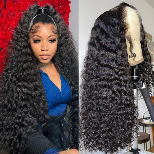 Ali Bling 26 Inch 13x6 Deep Wave Lace Front Wigs Human Hair 180 Density Deep Curly Lace Front Wigs Human Hair Pre Plucked Glueless Transparent Lace Frontal Wig Natural Color Human hair Wigs